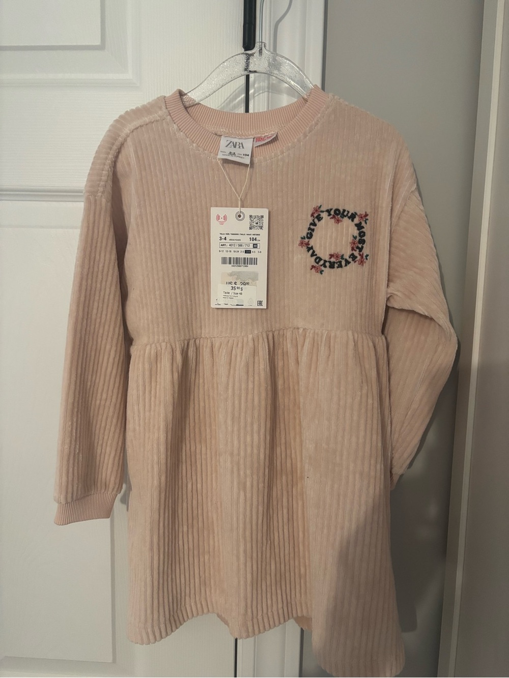 Zara Girls' Blush Pink Corduroy Long-Sleeved dress 3-4T